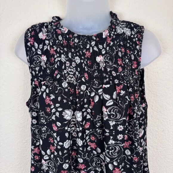 Knox Rose Medium Black Floral Peasant Blouse Smocked Boho Top Blouse Sleeveless - Picture 5 of 9